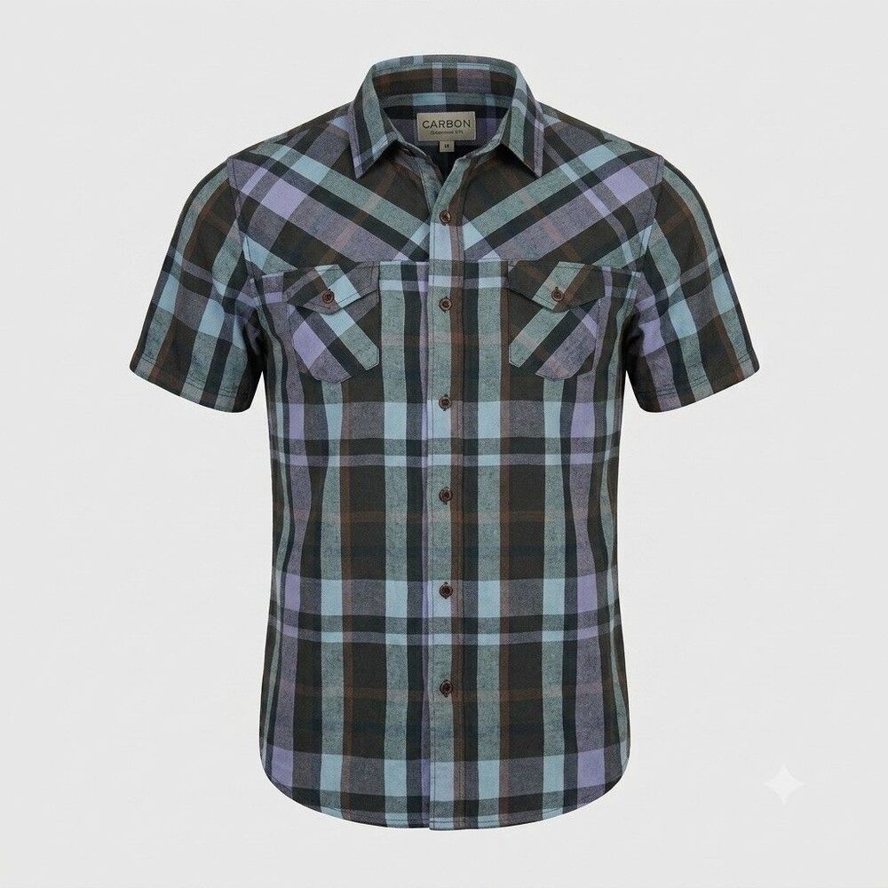 Carbon Men's Size Medium Plaid Button Up Shirt Y2K Short Sleeve Cotton Flannel